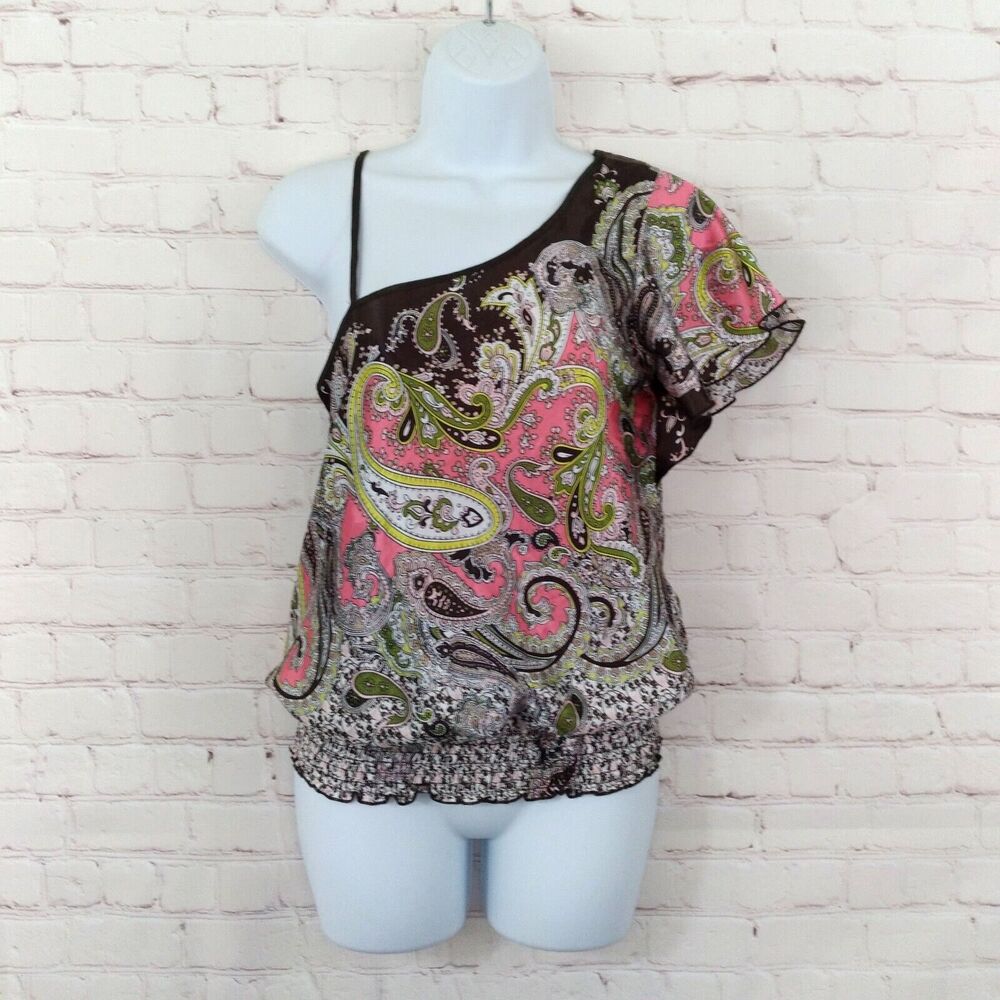 A Byer Top Women Small Brown Paisley One Shoulder Flutter Smocked Boho